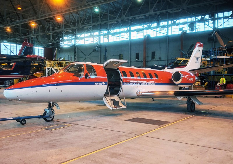 Lifeflight air ambulance plane in hangar
